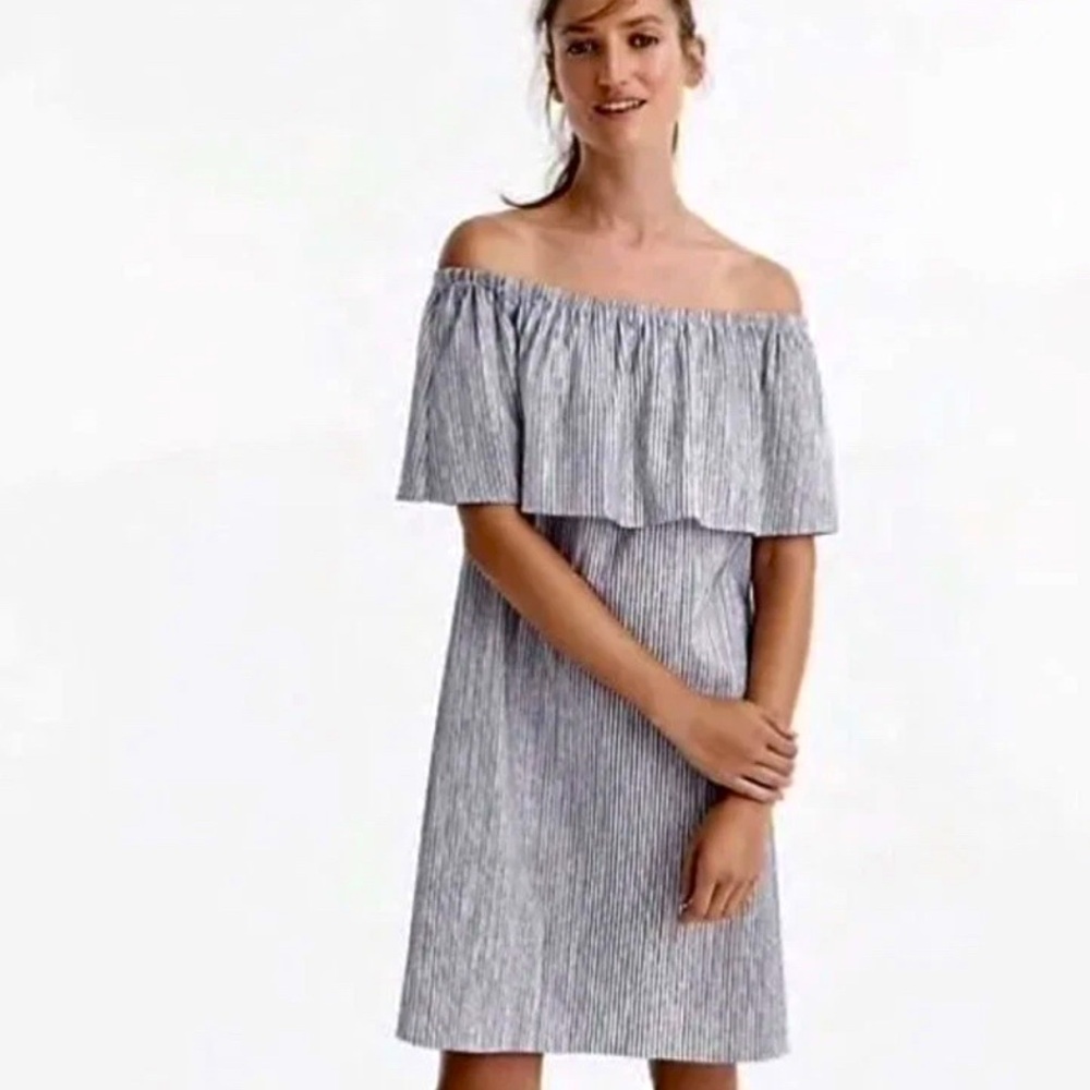 New J. Crew Striped Chambray Off The Shoulder 100% Cotton Dress Size Large